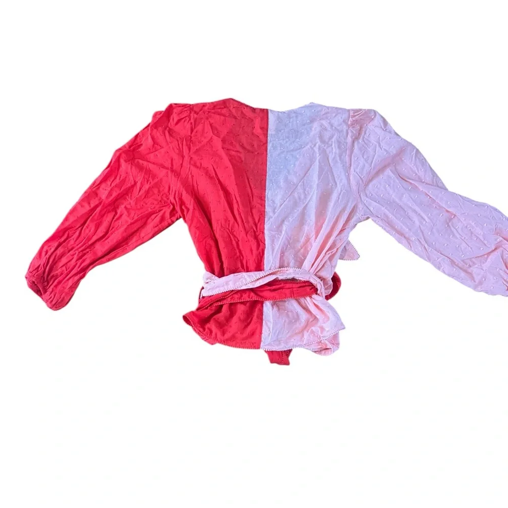 NEW Farm Rio Colorblock Boho Wrap Blouse Women's XL Pink & Red Swiss Dot Top NWT